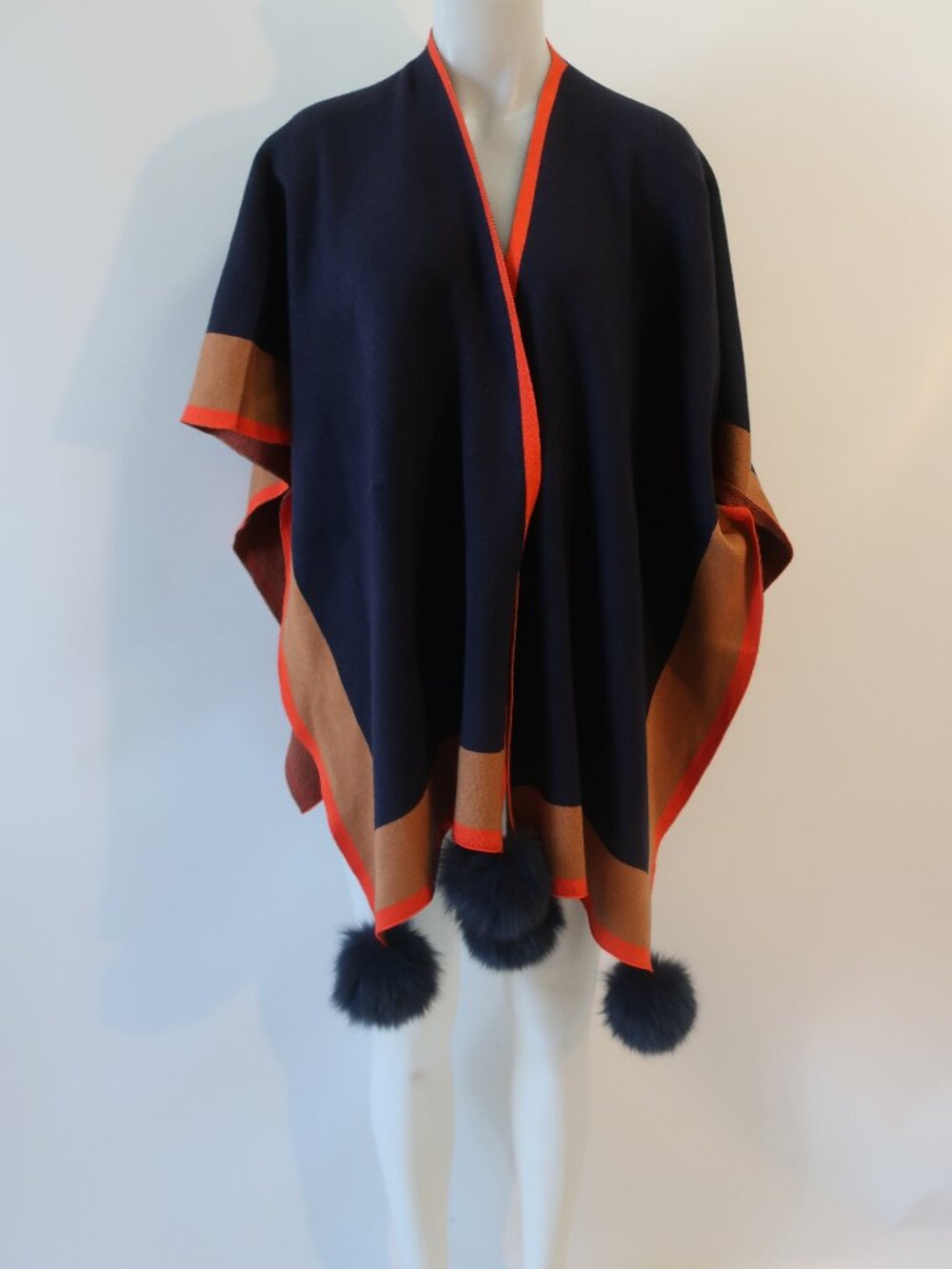 NWT Womens Tina Demel Navy, Coral 3 Tone Cape Sweater W/Fox Fur Pom Pom's O/S **